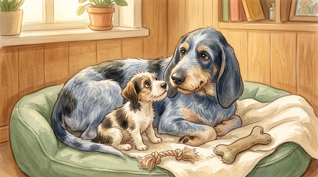 A warm storybook illustration of Blu the Griffon Bleu de Gascogne welcoming a quirky scruffy rescue puppy in a cozy living room.