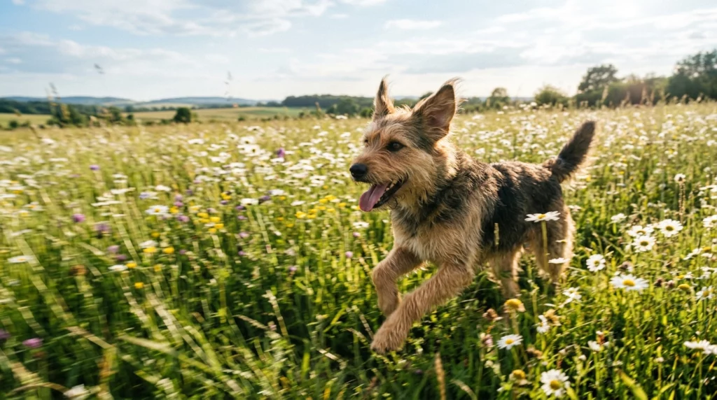 A natural documentary photo of a healthy, athletic mixed-breed dog running joyfully through a green grassy field.