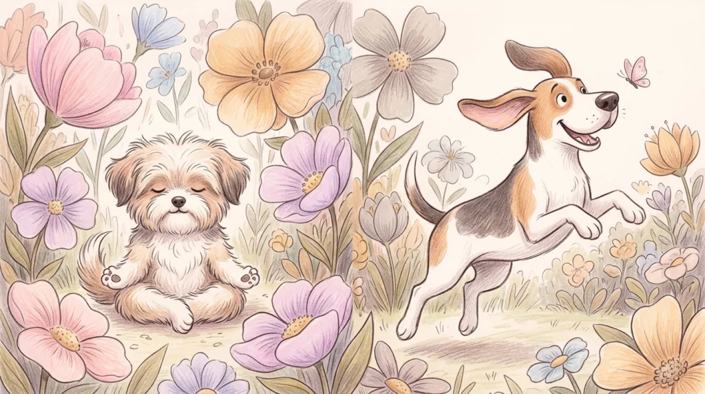 A charming storybook illustration of a tiny calm dog and a large goofy dog behaving in unexpected, personality-filled ways.
