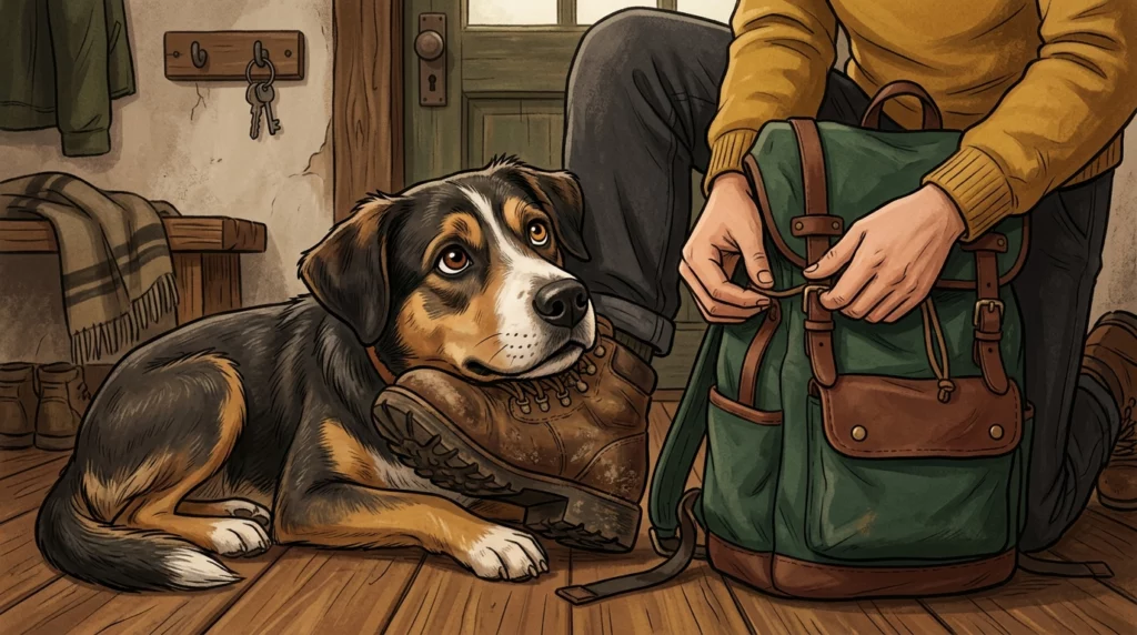 A cozy storybook illustration of a mixed-breed dog resting its head on a hiking boot, waiting for a walk.