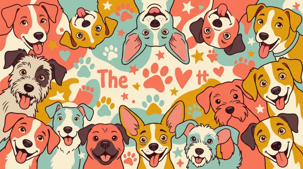 A joyful, stylized illustration featuring a diverse crowd of quirky, smiling mixed-breed dogs of various sizes and colors.