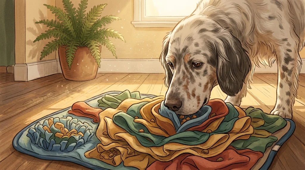 A heartwarming storybook-style illustration of an older English Setter happily searching for treats in a colorful fabric snuffle mat in a sunlit room.