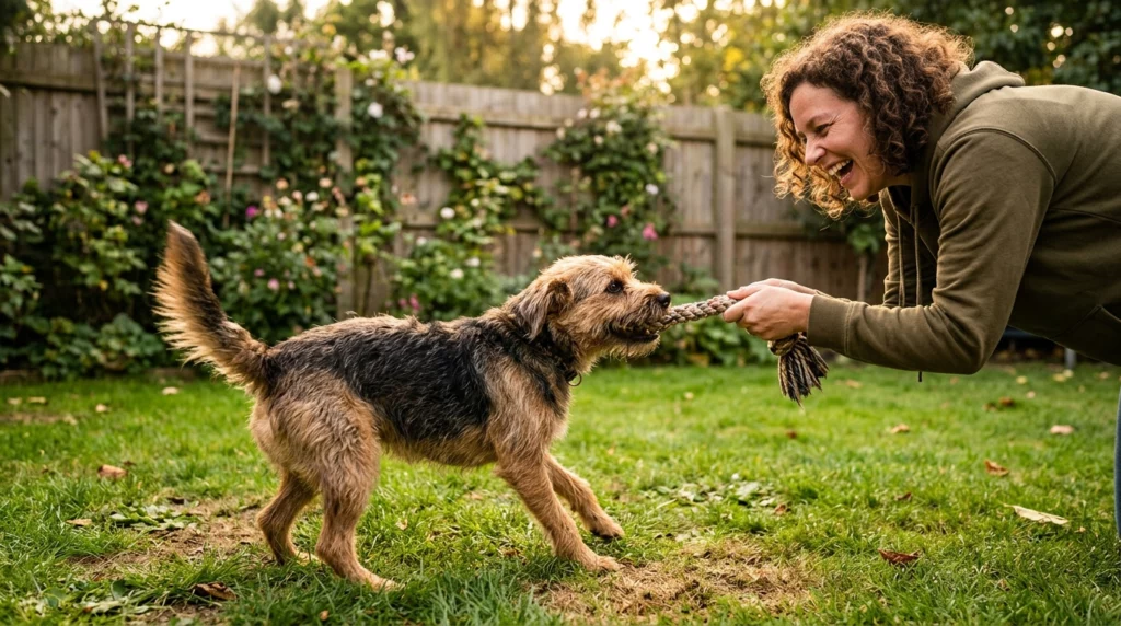 A natural documentary photo of a woman laughing and playing tug-of-war with her scruffy terrier mix in a sunny backyard.