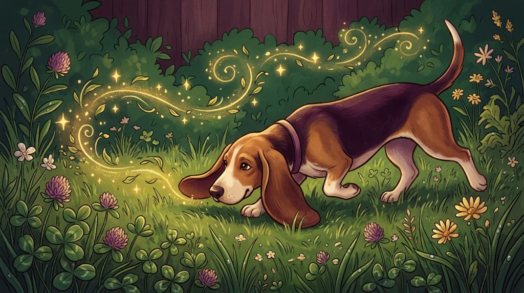 A whimsical storybook illustration of a hound dog tracking a golden, sparkling scent trail through a lush green meadow.