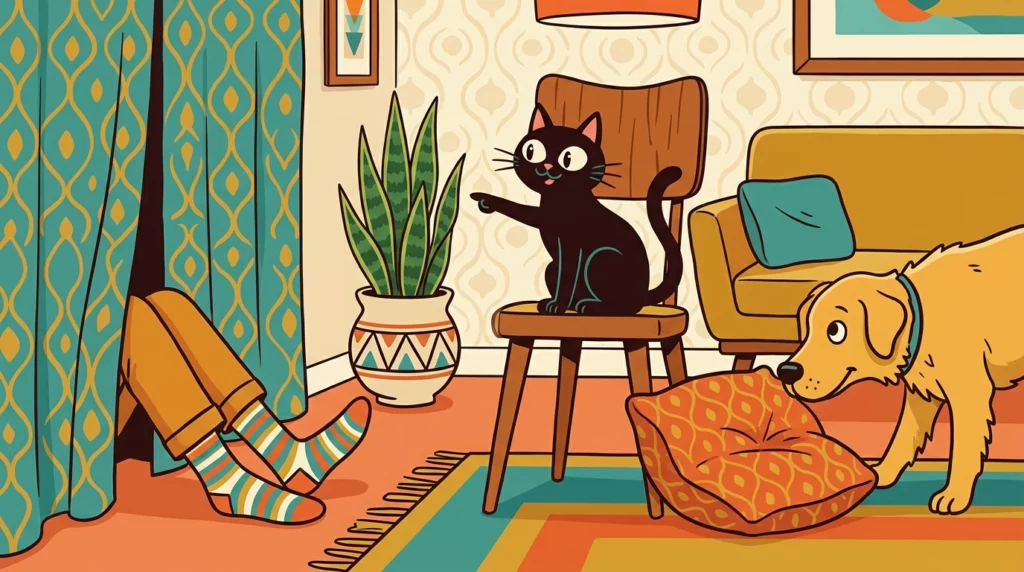 A funny illustration of a dog searching the wrong way for its owner, whose legs are sticking out from behind a curtain, while a black cat points to the hiding spot.
