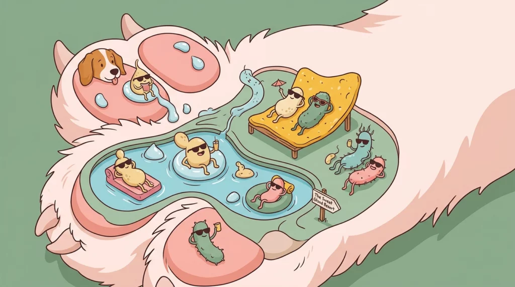 A whimsical illustration showing a close-up of a dog's paw pad with tiny, cute cartoon microbes sunbathing on sweat droplets like a resort.