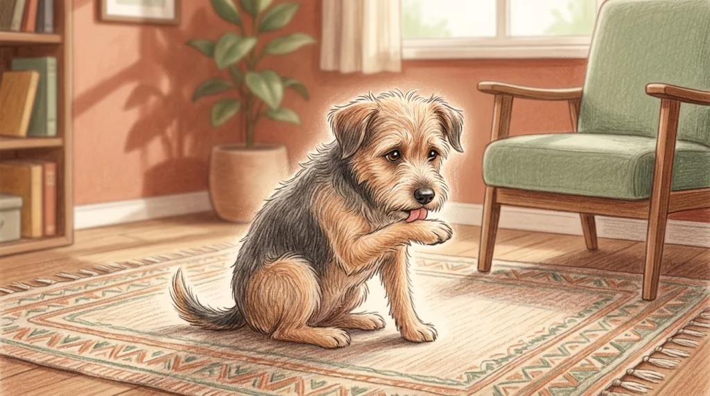 A gentle storybook illustration of a scruffy dog sitting on a warm rug, softly licking its paw with a concerned expression.