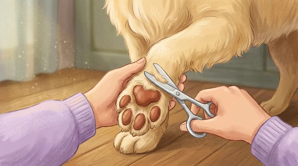 A cozy storybook illustration of hands carefully trimming the fluffy fur on a dog's paw with safety scissors.