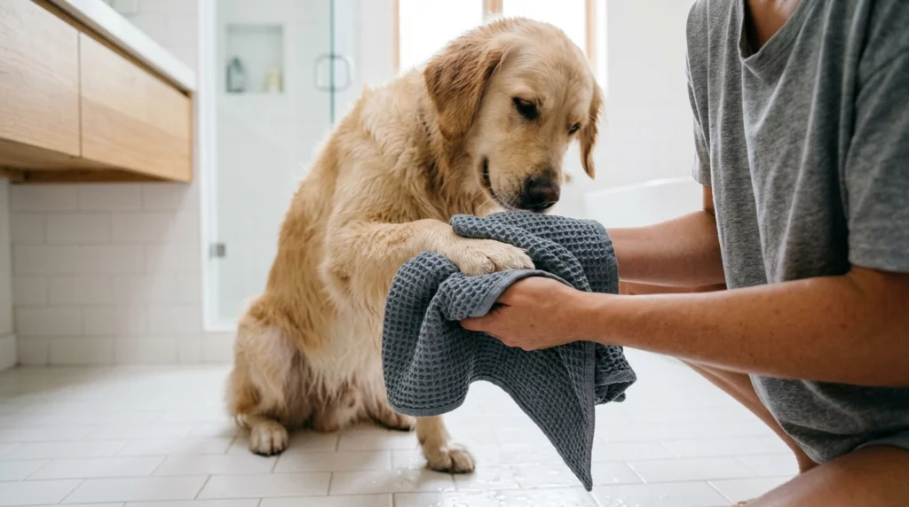 A documentary-style photo of an owner's hands using a soft gray towel to dry a dog's paw in a bright bathroom.