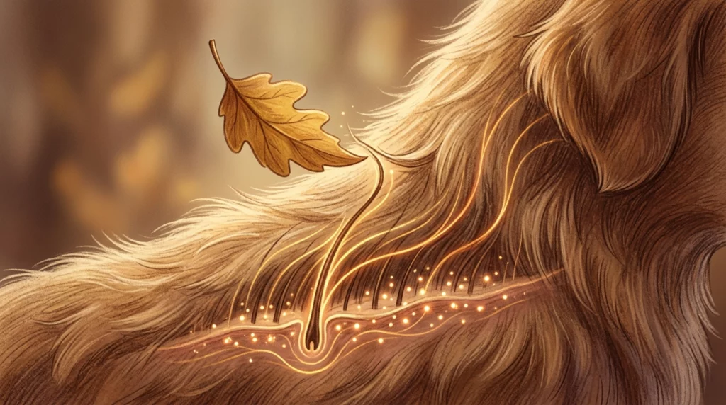 A charming storybook illustration showing the gentle neural pathways lighting up under a dog's fur when touched.