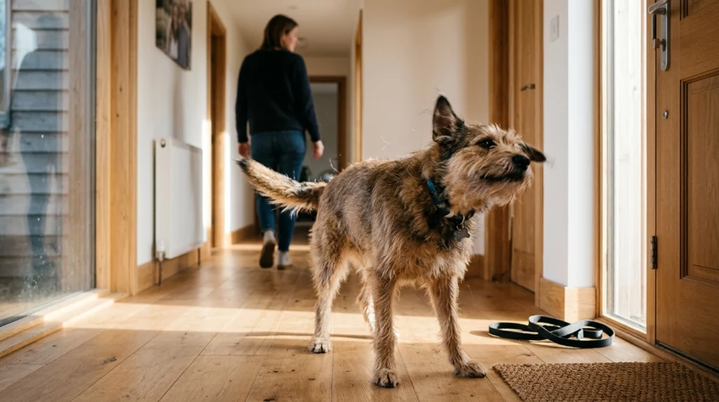 A natural lifestyle photo of a dog shaking its body on a wooden floor inside a bright home after its owner lets go of a hug.