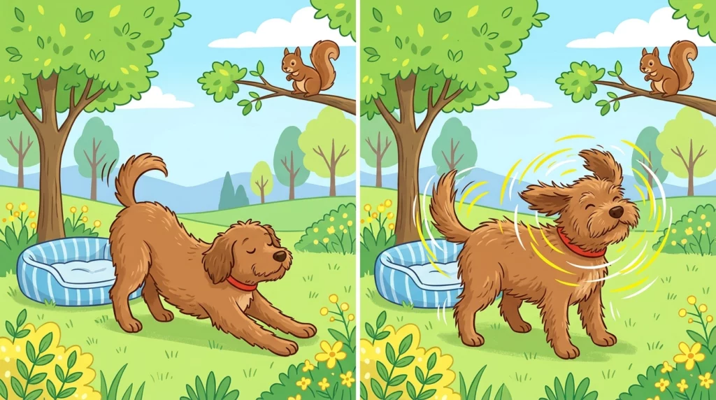 A playful illustration showing a dog stretching out of its bed and shaking its body to wake up.