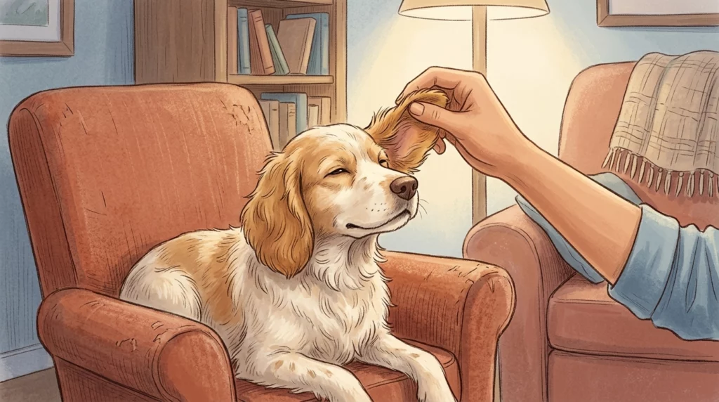 A gentle storybook illustration of an owner softly inspecting a dog's long ear to ensure it's healthy.