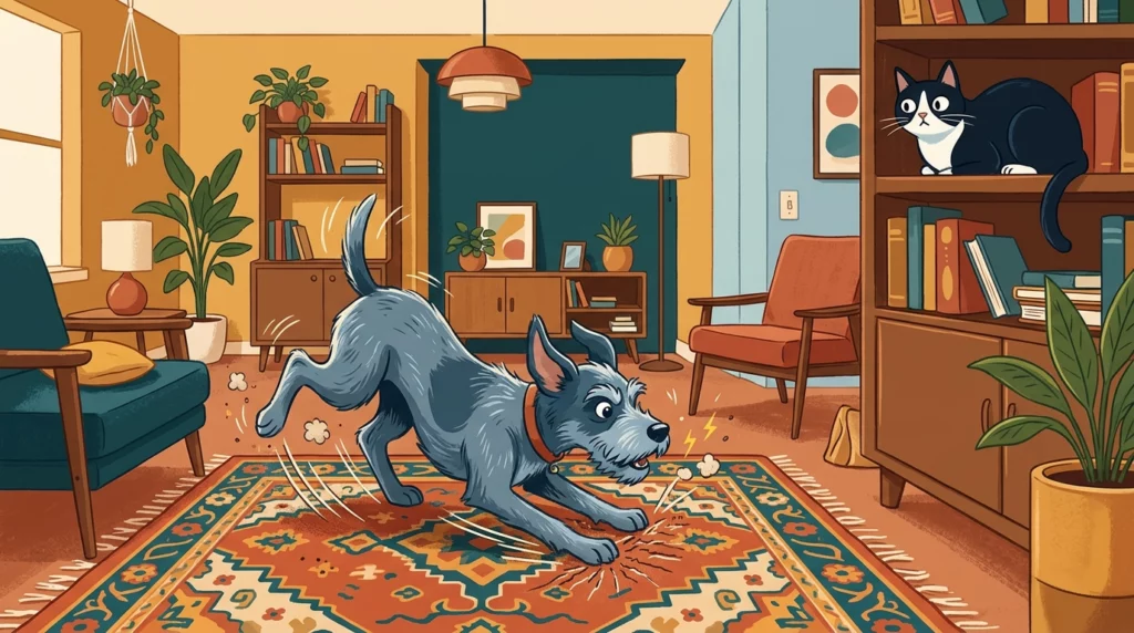 Playful illustration of a energetic blue-gray hound scratching a colorful rug while a cat watches judgmentally from a bookshelf.
