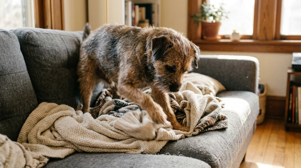 Candid photo of a scruffy terrier mix dog kneading and bunching up blankets on a sofa.