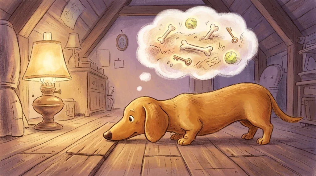 Storybook-style illustration of a dachshund sniffing the floor while imagining buried bones and tennis balls beneath the boards.