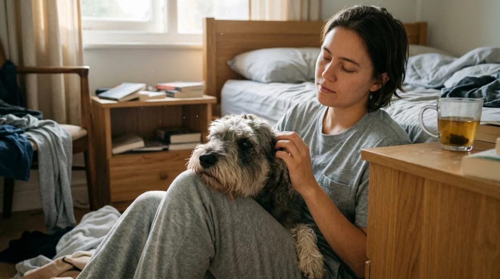 A documentary photo of a scruffy dog resting its head on its owner's lap in a sunny bedroom.
