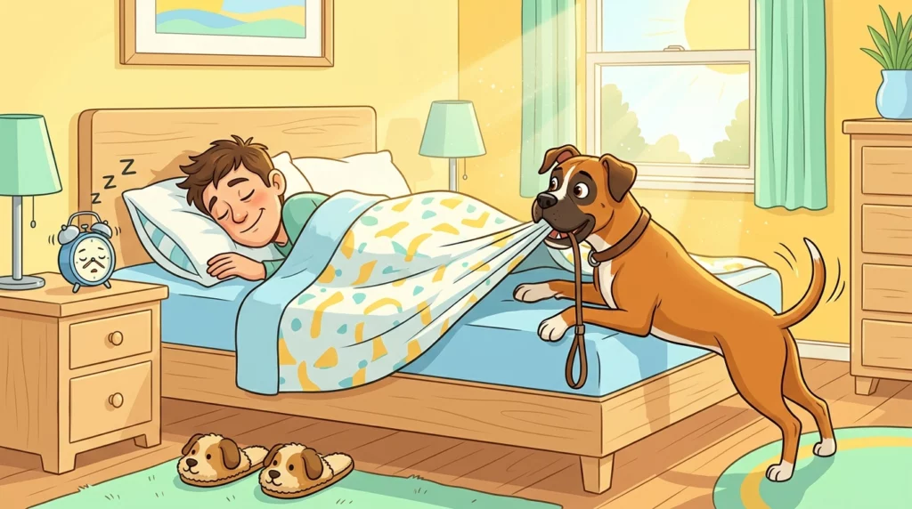 An illustration of an enthusiastic Boxer dog pulling the blanket off its sleepy owner to go for a morning walk.