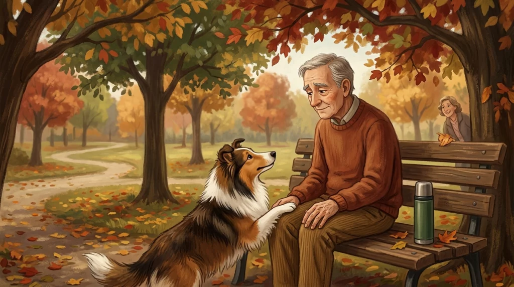 A warm storybook illustration of an elderly man finding comfort from a friendly dog on a park bench in autumn.