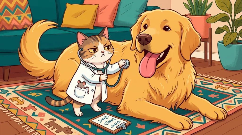 A comical illustration of a cat dressed as a doctor checking a giant, happy dog's heartbeat with a stethoscope.
