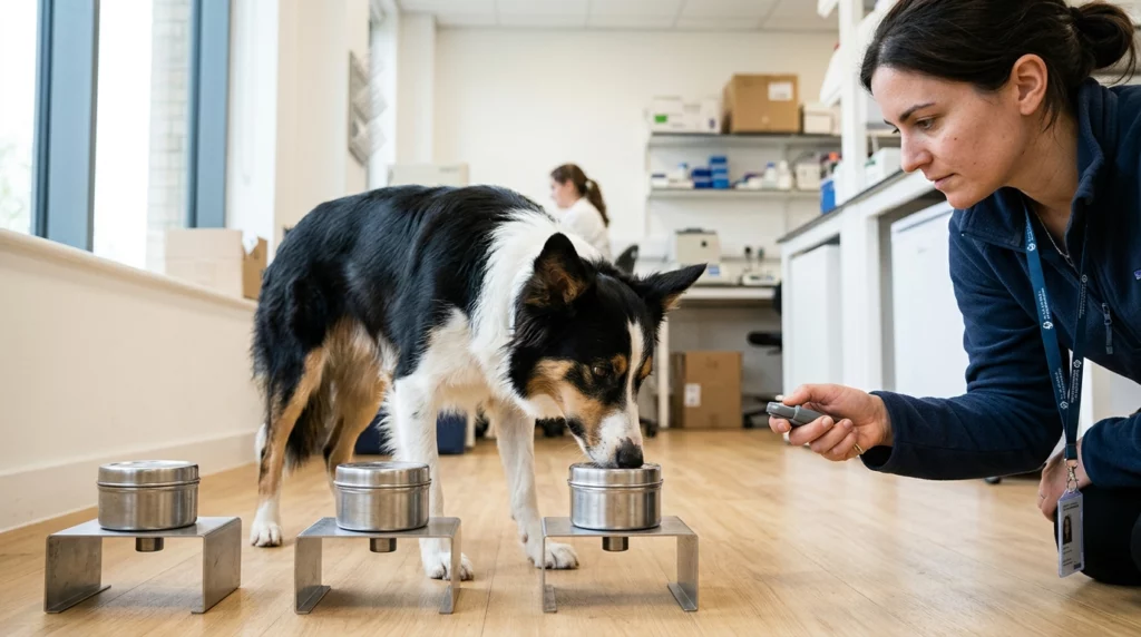 A dog sniffing a stainless steel canister on a stand during a scientific scent study in a brightly lit room.