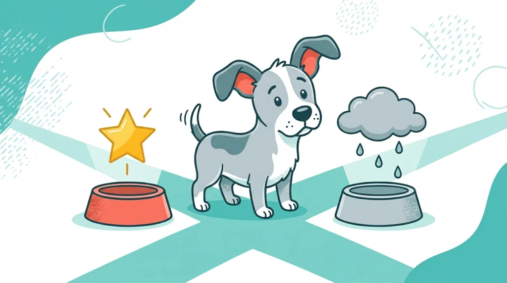 An editorial illustration of a dog choosing between a bright golden bowl and a bowl under a tiny rain cloud, representing optimism versus pessimism.