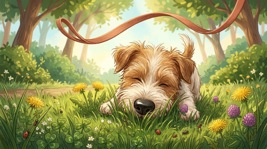 A charming storybook illustration of a scruffy dog happily sniffing wildflowers and grass in a sun-dappled park.