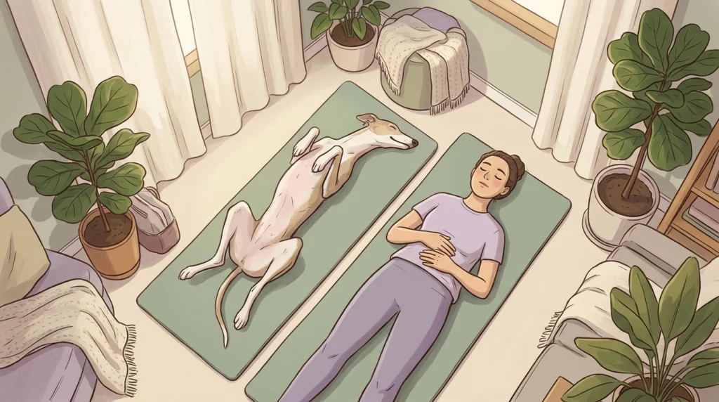 A warm storybook-style illustration of a person and a Greyhound lying on their backs on a mat, practicing breathing and relaxing together.