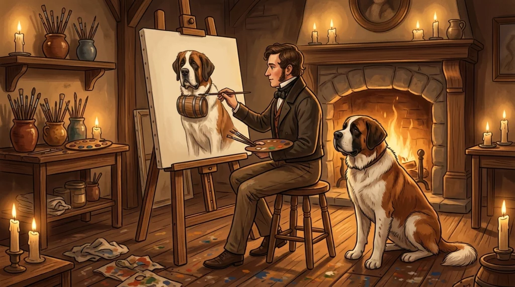 A storybook illustration of 19th-century artist Edwin Landseer adding the fictional brandy barrel to his painting of a Saint Bernard.