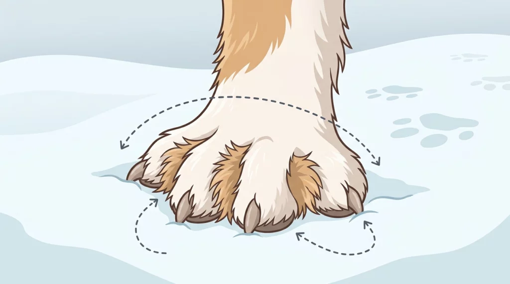 A playful diagram illustrating how a Saint Bernard's wide paws act like built-in snowshoes.