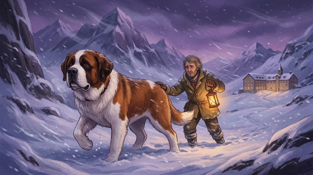 A heartwarming storybook illustration of the famous rescue dog Barry guiding a traveler through an alpine blizzard.