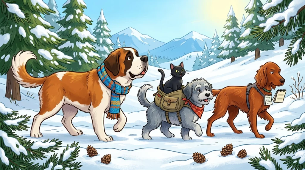 A playful illustration of a Saint Bernard leading a group of adventurous pets through a snowy alpine forest.