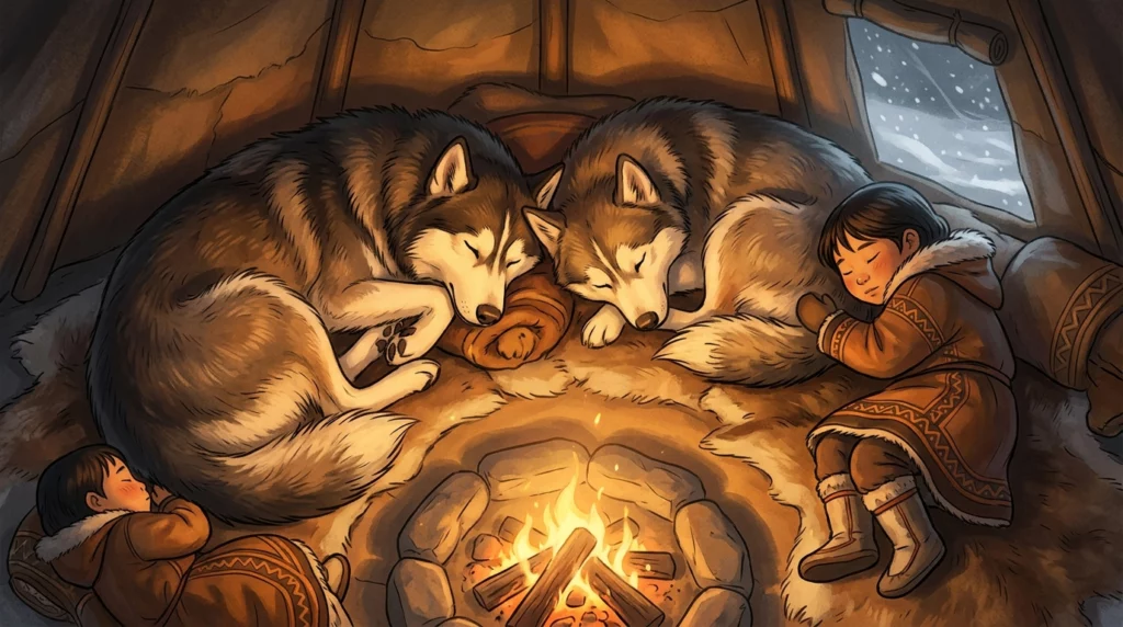 Charming storybook illustration of Huskies sleeping cozily with children inside a warm traditional Siberian tent.