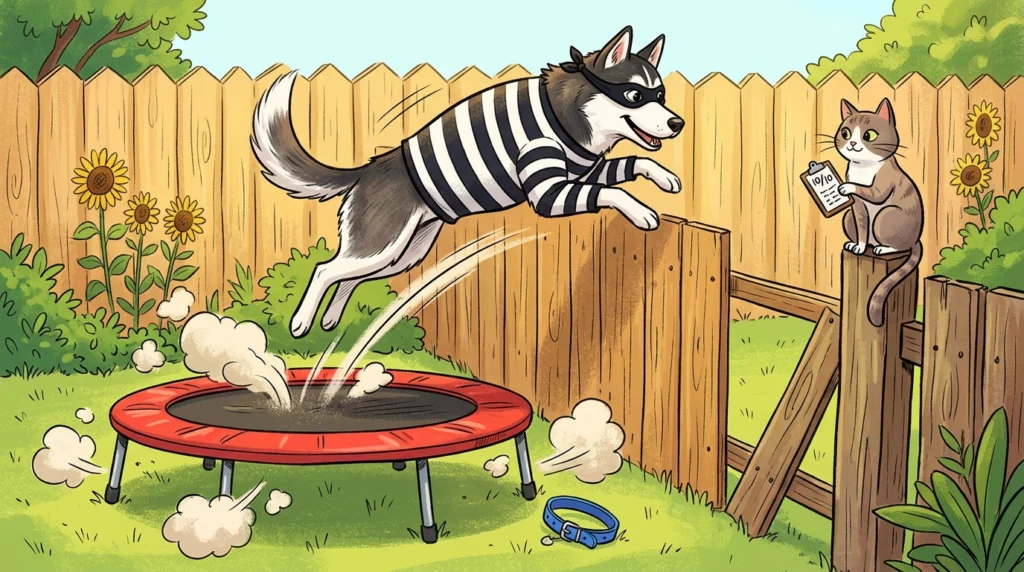 Funny illustration of a Husky dressed as a burglar leaping over a tall backyard fence with a trampoline while a cat scores the jump.