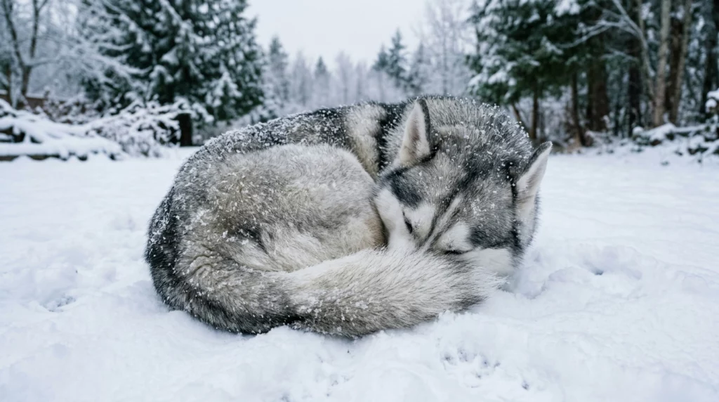 Natural photo of a Siberian Husky curled in a ball on deep winter snow, illustrating their incredible cold-weather defenses.