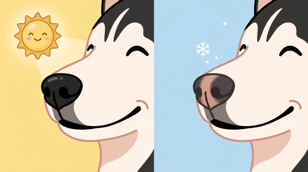 Graphic illustration comparing a Husky's solid black nose in summer to its pink-striped 'snow nose' in winter.