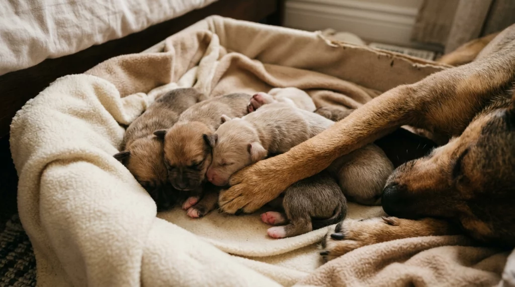 A documentary lifestyle photograph of newborn puppies sleeping peacefully against their mother in a cozy whelping box.