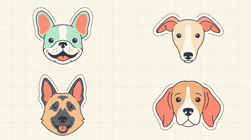 An illustrative grid showing different dog breeds with uniquely shaped ears, highlighting the diversity of canine ear types.