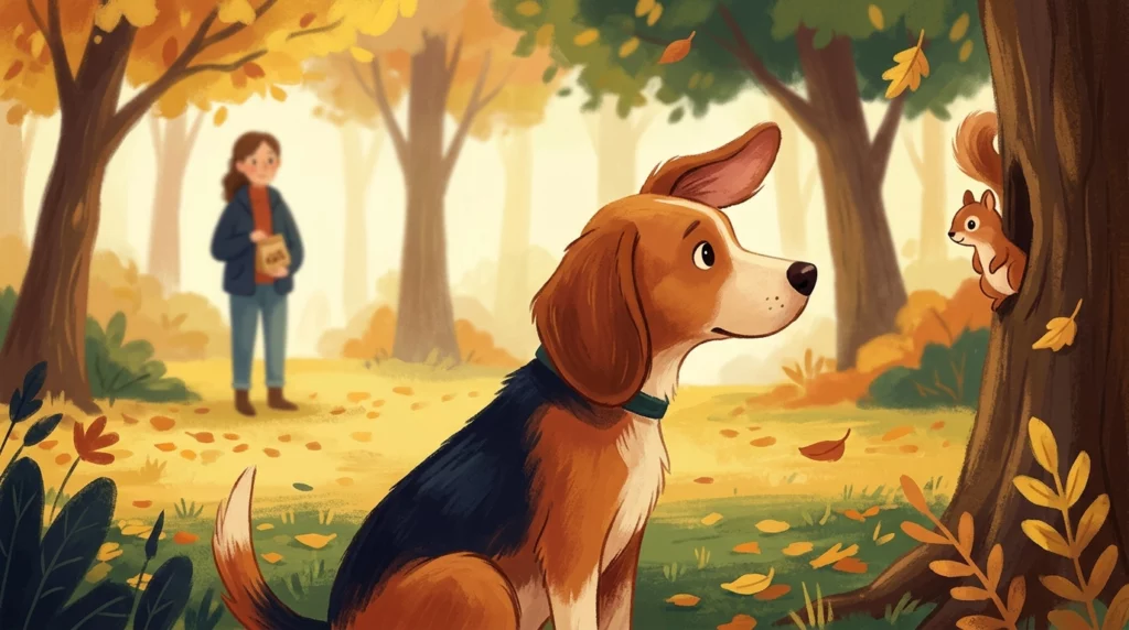 A warm storybook-style illustration of a floppy-eared dog in an autumn park, angling one ear back towards a treat bag and one ear forward.