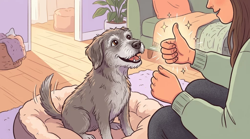 A playful illustration of an older dog looking happily at its owner's hand gesture, showcasing hand-signal training for hearing loss.
