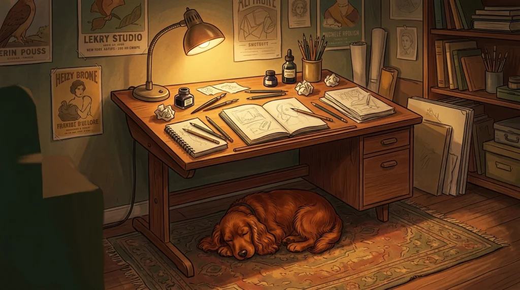 A nostalgic storybook illustration of a 1960s artist desk with a red Cocker Spaniel sleeping peacefully underneath.