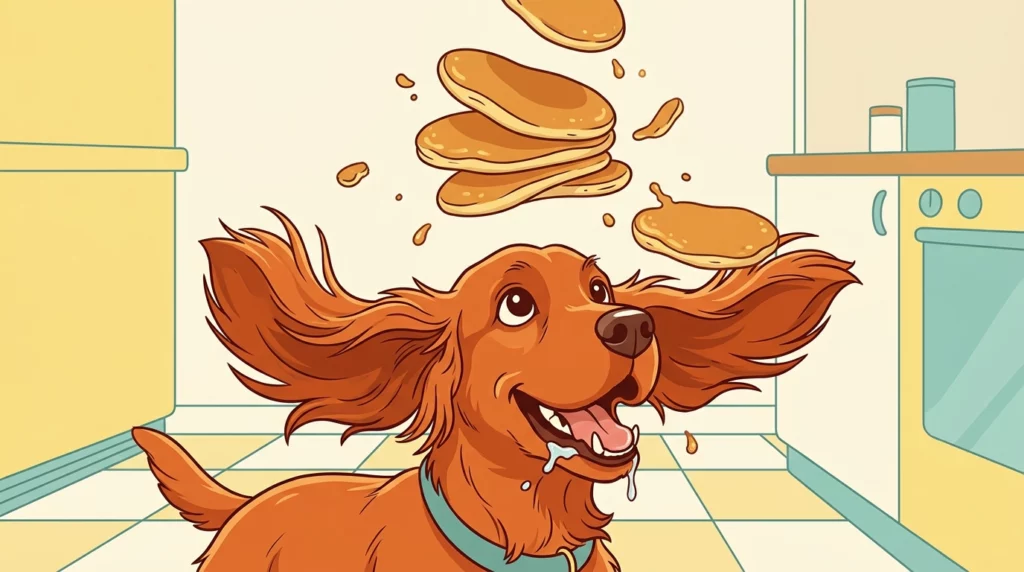 An illustration of a red Cocker Spaniel eagerly watching a stack of pancakes fall through the air.