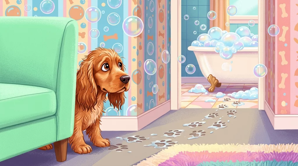 An illustration of a wet Cocker Spaniel hiding behind a green chair to escape bath time.