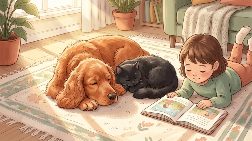A warm storybook illustration of a red Cocker Spaniel, a black cat, and a child relaxing together on a sunlit rug.