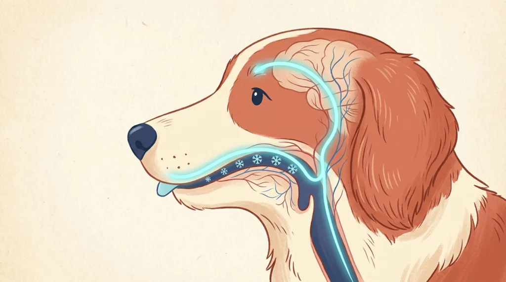 A warm storybook-style illustration explaining how cold treats affect a dog's palate and blood vessels.