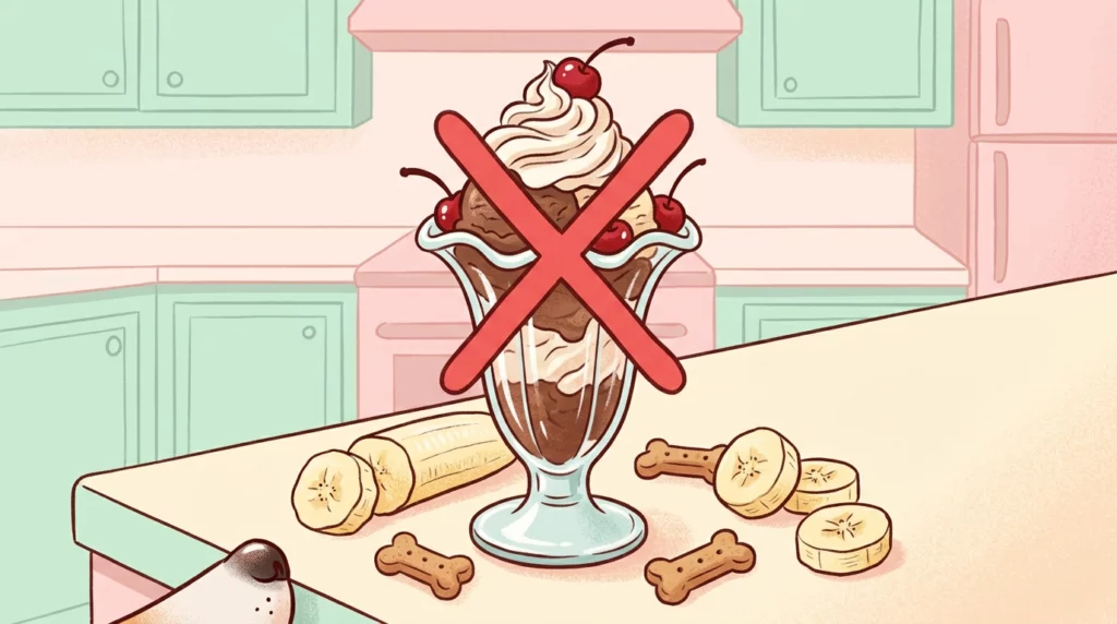 An illustration of a classic chocolate ice cream sundae with a red cross-out symbol next to safe frozen banana pieces.
