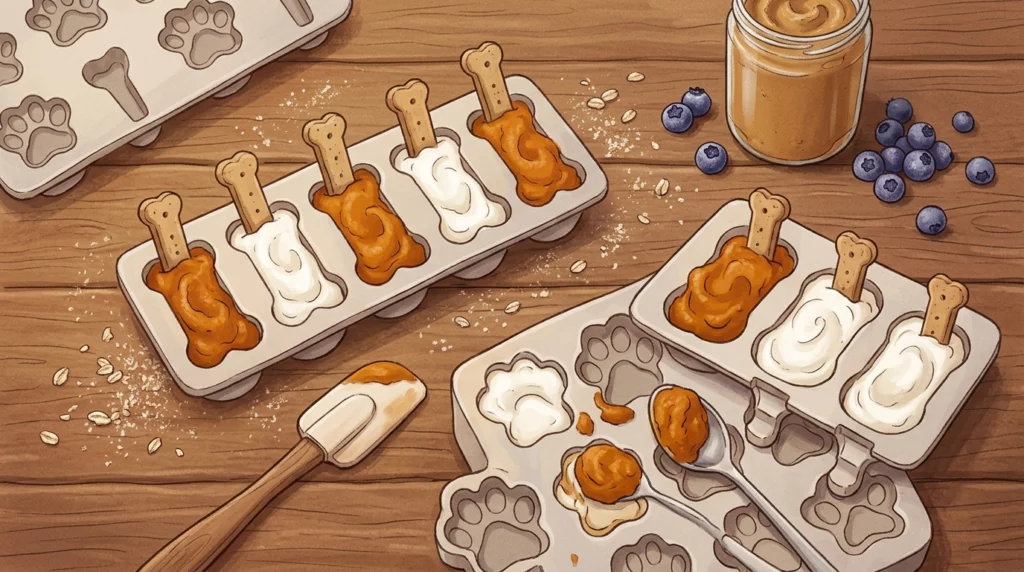 A warm storybook illustration of healthy homemade dog treats being prepared in bone-shaped molds on a rustic table.