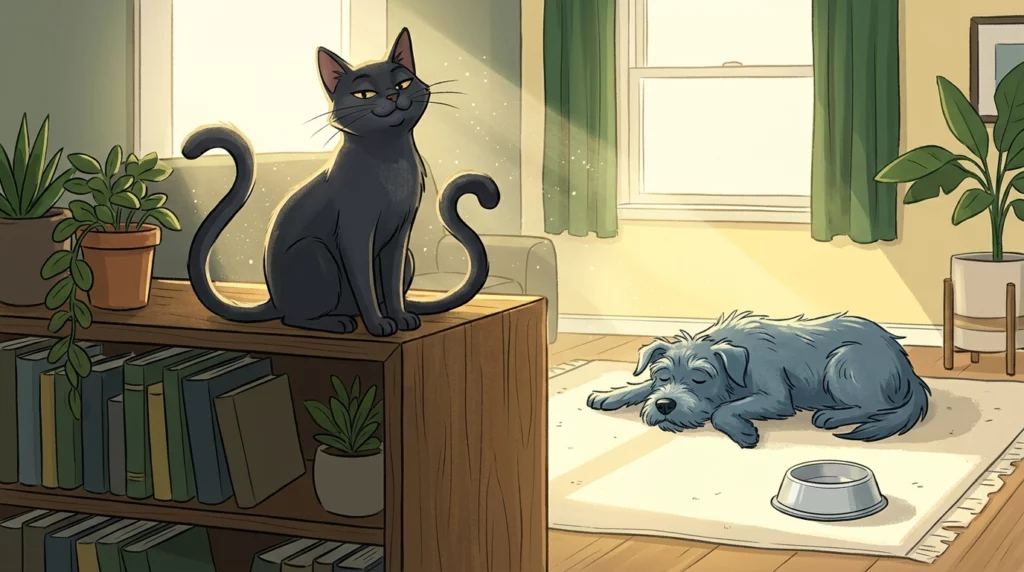 A playful illustration of a smug black cat sitting on a shelf looking down at a sleeping blue-grey dog.