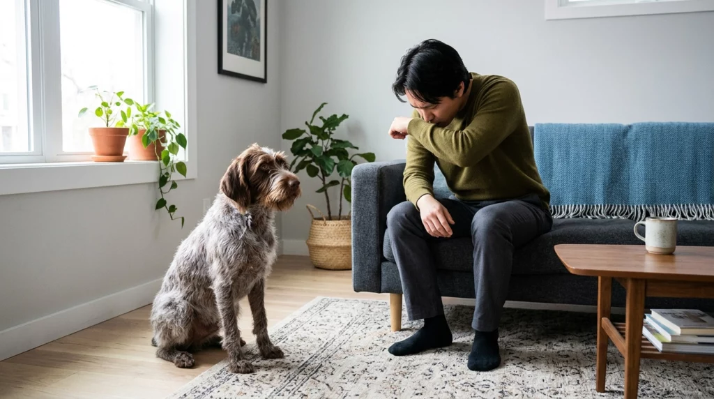 A person on a sofa coughing into their elbow while a wirehaired pointer watches from a safe distance on the floor.