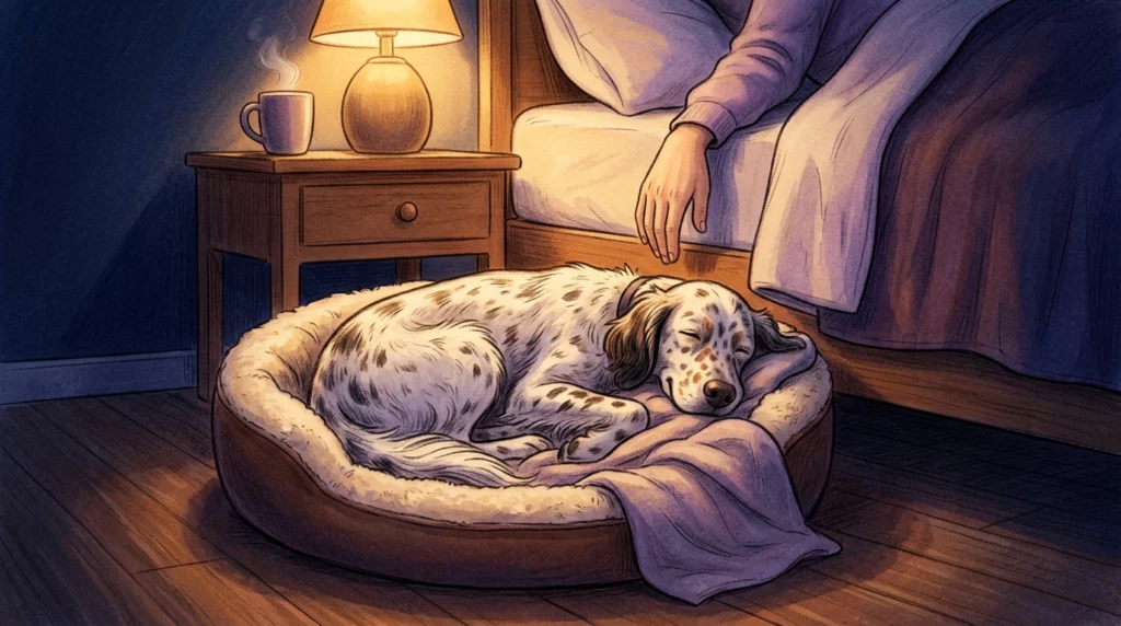 Storybook illustration of an English Setter sleeping in its cozy floor bed next to its sick owner's bed in a warm bedroom.